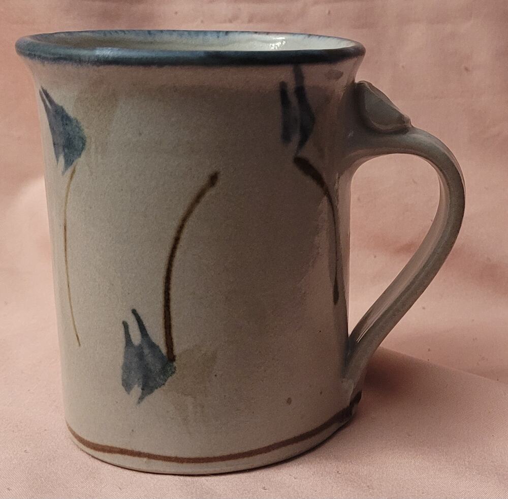 Grey with Abstract Angel Fish Design Art Pottery Mug Signed Applied Handle
